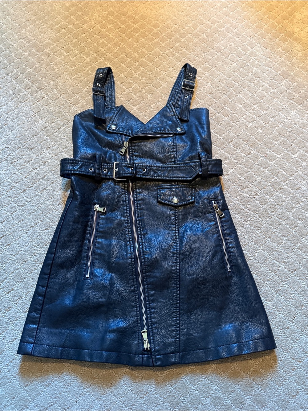 Black Faux Leather Moto Dress with Belt